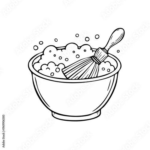 Illustration of a shaving brush creating lather in a bowl with soap bubbles
