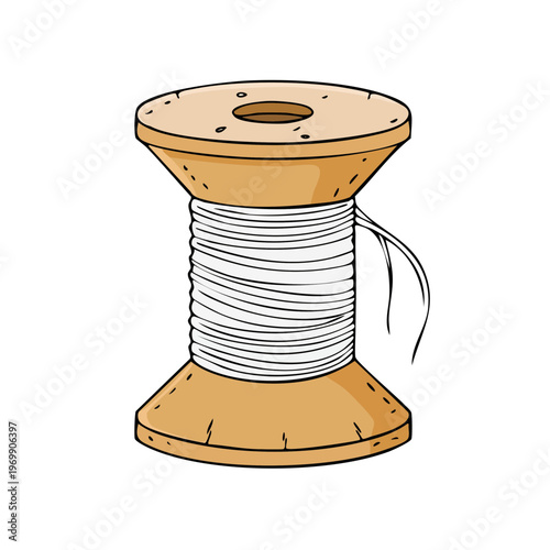 Wooden spool filled with white thread and loose strands