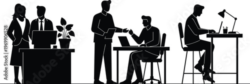 business team working office collaboration professionals meeting corporate workplace productivity teamwork communication laptop desk illustration vector design concept