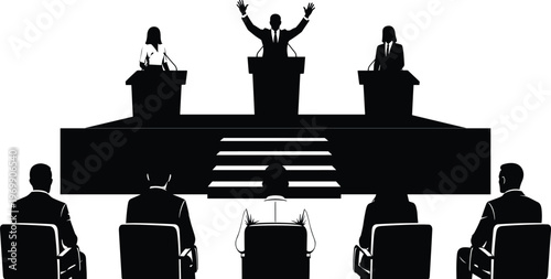 political debate speakers podium audience conference leadership speech government election campaign public speaking illustration vector design concept