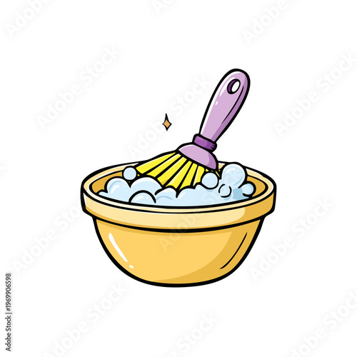 Cartoon Cleaning Brush Scrubbing Soapy Water in Yellow Bowl