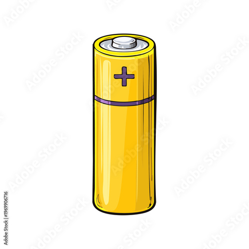 Yellow AA battery illustration with positive and negative terminals and purple stripe