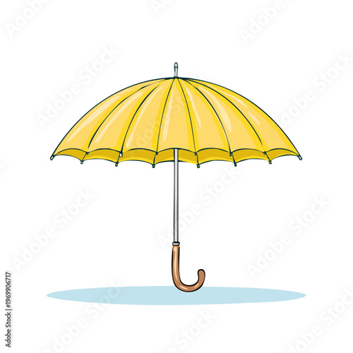 Bright yellow umbrella with a curved wooden handle opened to protect from rain