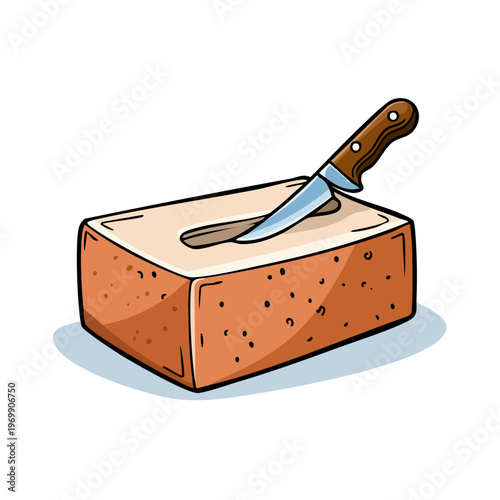 Sharp knife inserted into a rough textured brick material, symbolizing disruption and unexpected force