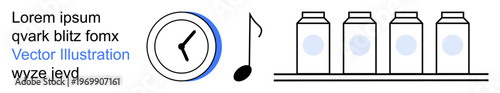 Time management, sound design, minimalism, scheduling, food storage, creative projects. Clock icon, music note and milk cartons in line art. Time management and sound design concept