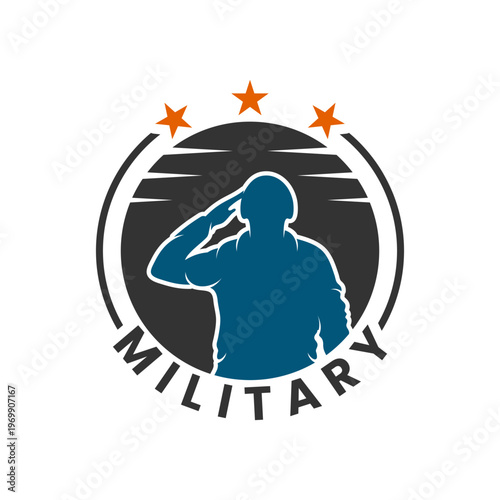 Military Soldier Saluting Emblem with Stars and Sun. Military Logo Design Vector Template