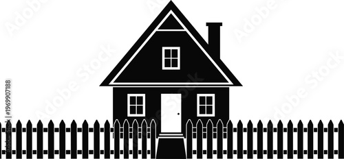 Minimalist house silhouette vector illustration, residential home with chimney and picket fence design, centered door and windows, simple black and white graphic art
