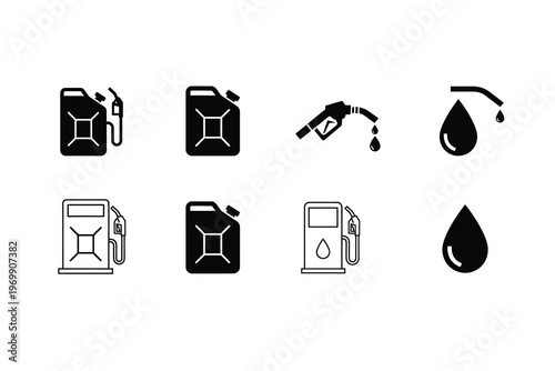 Collection of black and white icons depicting various fuel containers, gas pumps, and a dripping fuel droplet, suitable for industrial and transportation themes.
