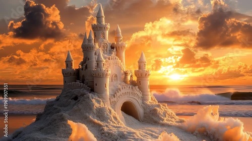 Sandcastle masterpiece glows at sunset on a beach with crashing waves