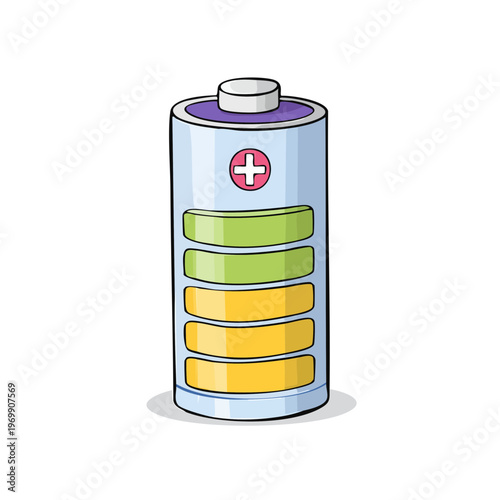 Cartoon battery illustration showing charge level indicator with plus sign