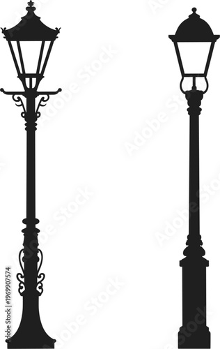 Classic streetlight icons collection featuring decorative and simple lamp posts in minimal silhouette style for urban design projects