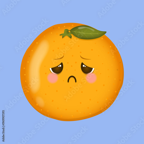 Kawaii mandarin character sad face. Cute orange fruit emoji vector illustration