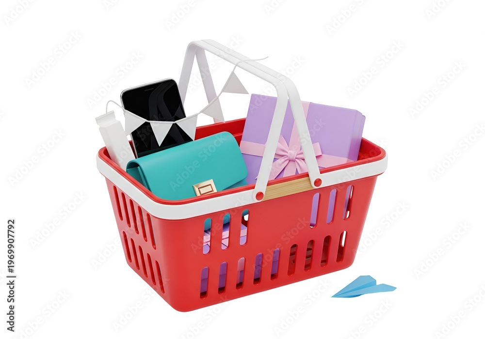Fototapeta premium Shopping basket with colorful school and office supplies isolated on transparent background