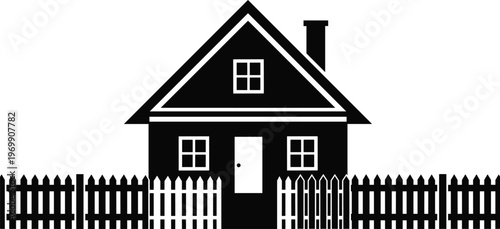 Minimalist house silhouette vector illustration, residential home with chimney and picket fence design, simple architecture icon, black and white graphic art