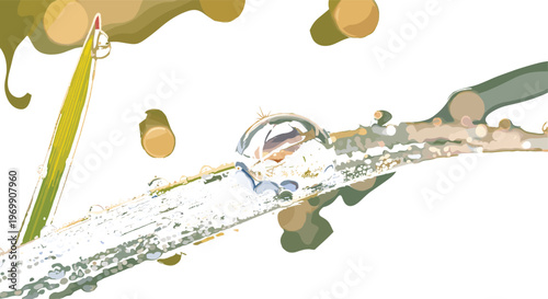 Macro water drop on plant stem with fresh green leaf nature close up botanical vector illustration