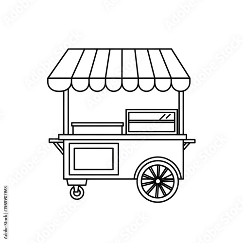 Detailed illustration of a food cart with a striped awning and wheels.