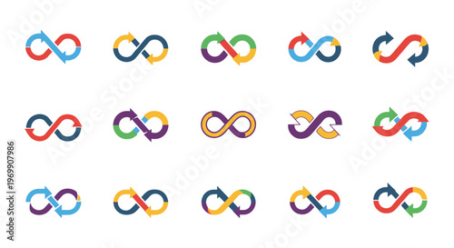 Colorful Infinity Loop Arrows: Continuous Process, Development, and Flow Symbols