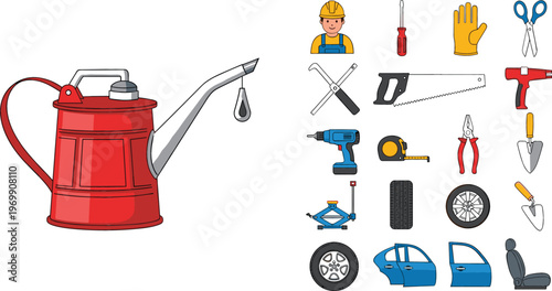 Construction tools and car parts collection with oil can drill saw pliers wheel door seat and mechanic equipment vector illustration