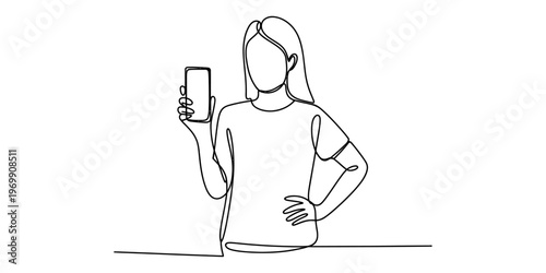 Continuous line drawing of a young woman holding a smartphone and showing the empty screen display Vector, illustration