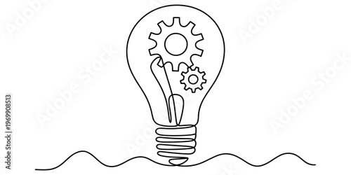 A minimalist single line drawing of a light bulb containing gears to symbolize creative innovation Vector, illustration