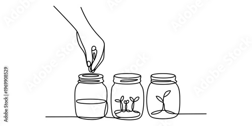 Continuous line drawing of a hand placing a sprout into a glass jar representing plant growth. Vector, illustration