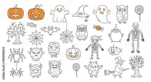 Large set of cute halloween icons featuring pumpkins ghosts owls skeletons and witches in a simple hand drawn doodle style for holiday decorations.