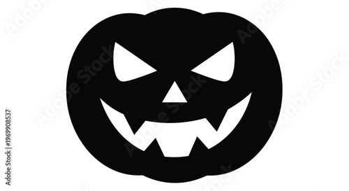 Spooky black silhouette of a jack-o-lantern pumpkin face with a sinister grin and triangular eyes isolated on a white background for halloween.