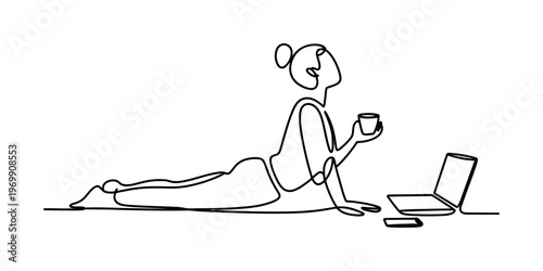 A continuous line drawing of a person relaxing with a cup of coffee and a laptop on the floor Vector, illustration