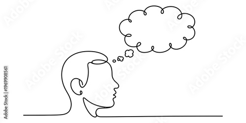 A single continuous line drawing of a person thinking with an empty thought bubble above the head. Vector, illustration