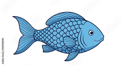 Cartoon illustration of a blue fish with detailed scales and fins looking friendly and swimming gracefully on a clean white background for kids.