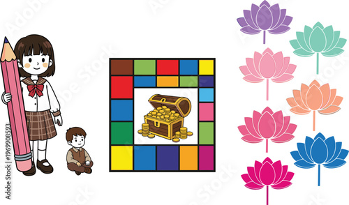 School girl with pencil, colorful board game with treasure chest and lotus flower icons decorative vector illustration set