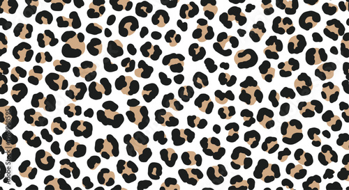 Classic seamless leopard print pattern featuring black and tan spots on a white background widely used in fashion and textile design for a wild look.