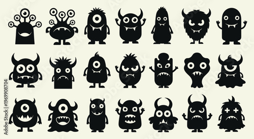 Large collection of diverse monster silhouettes with various eyes horns and limbs in a fun and quirky style for stickers or icons.