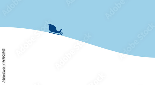 Minimalist illustration of a blue sleigh gliding down a gentle snow-covered hill against a clear blue sky