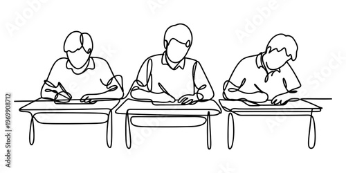 Continuous line drawing of three students sitting at desks and focusing on their written exam Vector, illustration