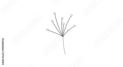 Minimalist line drawing of a single dandelion seed with fine rays and small round tips representing nature's lightness and wind dispersal.