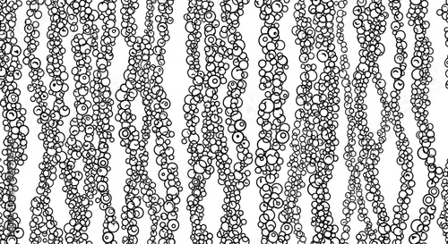 Complex seamless pattern made of countless small black circles and bubbles arranged in vertical waves on a white background for a textured look.
