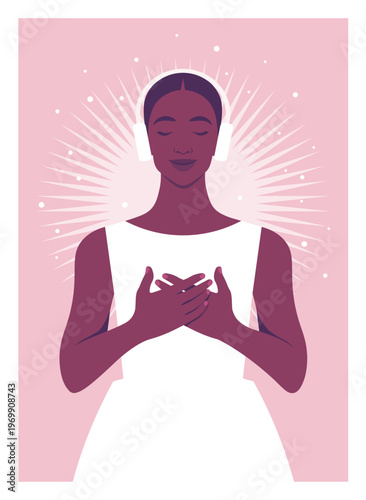 Modern flat vector illustration of a peaceful Black woman with her eyes closed, wearing headphones and holding her hands over her heart. Neurodiversity, ADHD focus, autism sensory regulation