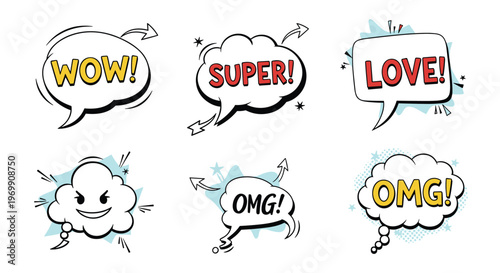 Set of pop art comic book speech bubbles with energetic expressions including wow, super, love, and omg on a clean white background.