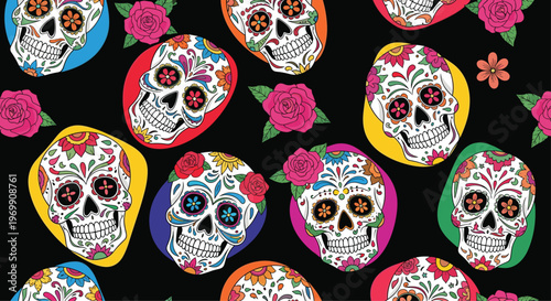 Traditional Mexican sugar skull seamless pattern with pink roses and colorful decorations set against a dark black background for Dia de los Muertos.