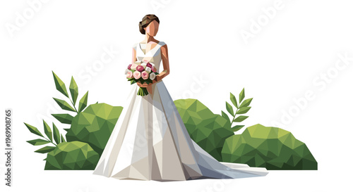 Elegant bride in a white gown holding a bouquet, standing in a stylized low-poly garden with lush green foliage, minimalist design