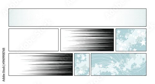 Collection of comic book panel templates with dynamic speed lines and starry backgrounds for manga and graphic novel design layouts.