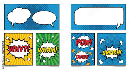 Vibrant comic book panels featuring loud action words like pow, smash, and wham in colorful speech bubbles with retro halftone effects.