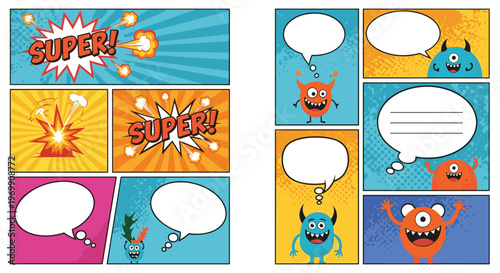 Playful comic book pages featuring colorful cute monsters with speech bubbles and action bursts for children's storytelling and design.