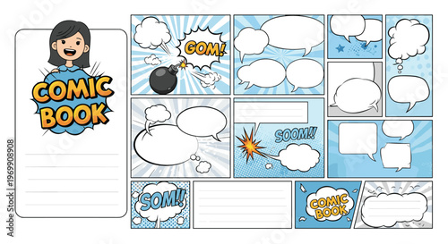 Fun comic book page template featuring a cute illustrated girl character with blank panels and speech bubbles for creative storytelling.