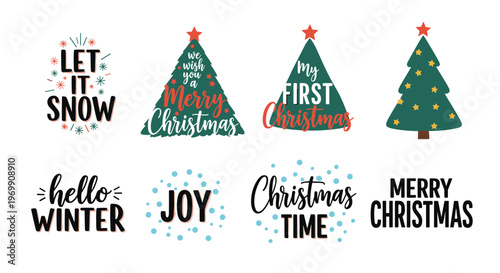 Festive collection of christmas typography and stylized pine trees with holiday greetings like merry christmas and let it snow.