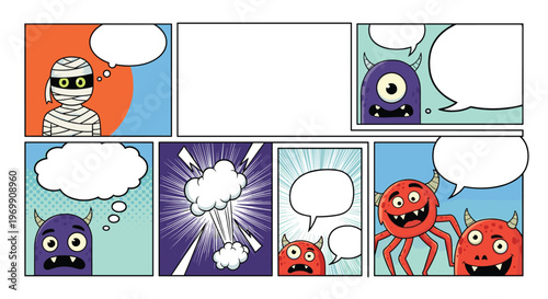 Colorful comic book layout with various monster characters, a mummy, an explosion, and blank speech bubbles for creating custom narratives.