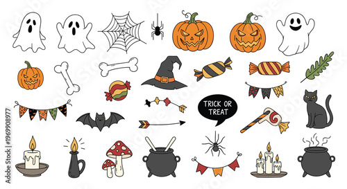 Large collection of hand drawn halloween doodles including ghosts, pumpkins, candy, bats, spiders, and witches hats for festive decorations.