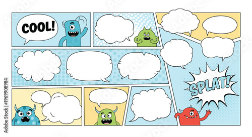 Fun comic book template with colorful monsters, various shaped speech bubbles, and a halftone background for creative storytelling projects.