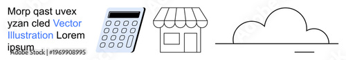 Business management, online stores, e-commerce, cloud computing, finance, retail operations. Image a calculator, storefront and cloud icon. Business management and e-commerce concept